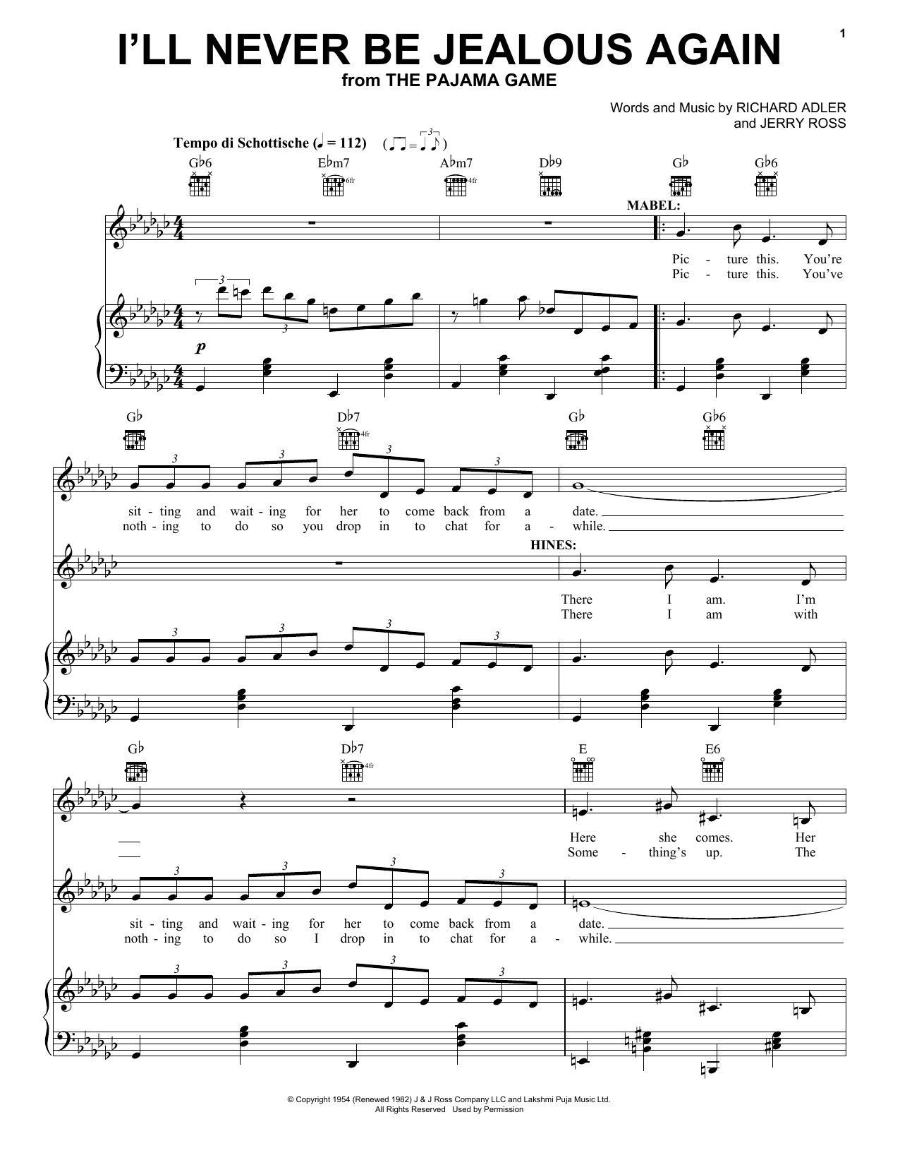 Download Adler & Ross I'll Never Be Jealous Again Sheet Music and learn how to play Piano, Vocal & Guitar (Right-Hand Melody) PDF digital score in minutes