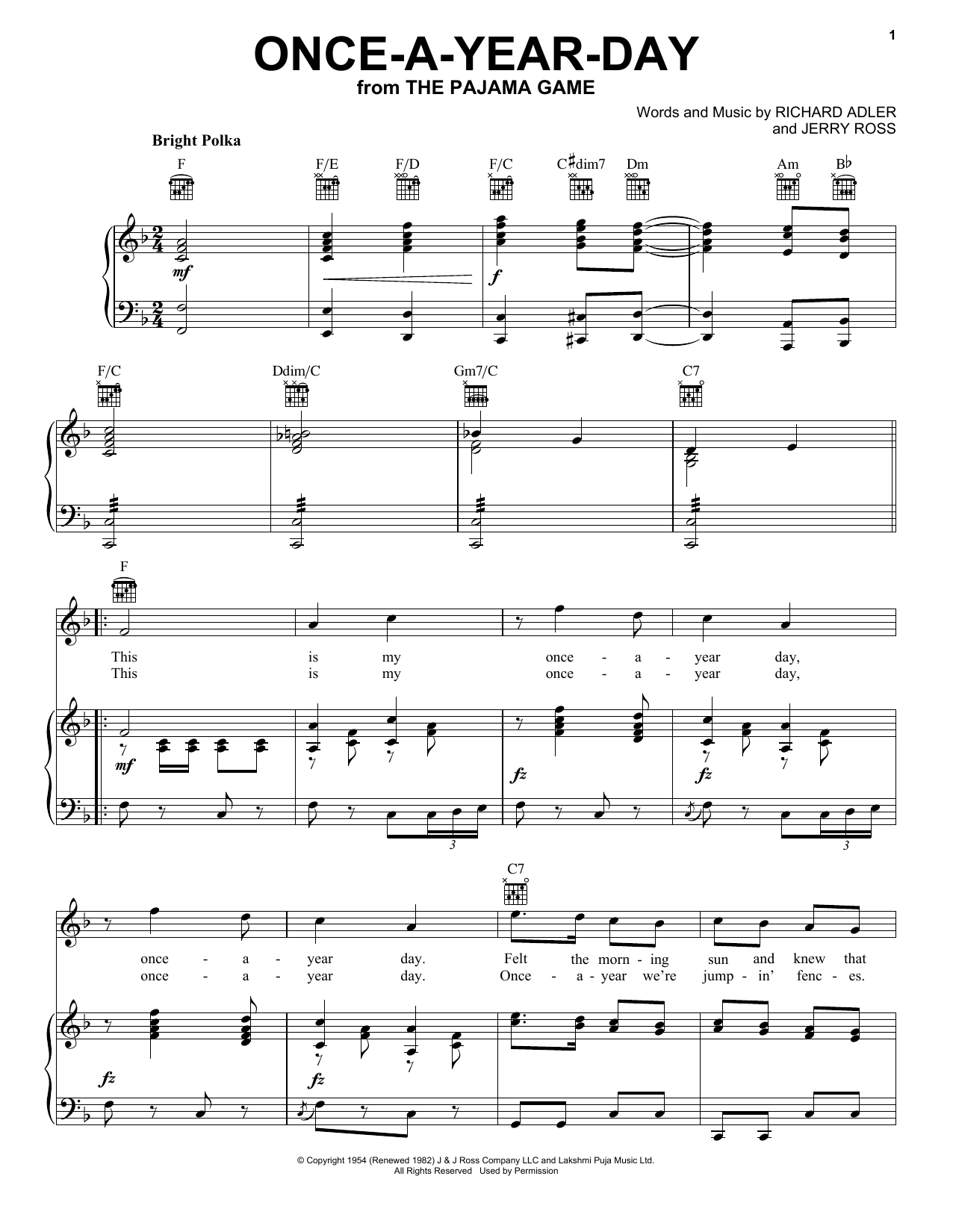 Download Adler & Ross Once-A-Year-Day Sheet Music and learn how to play Piano, Vocal & Guitar (Right-Hand Melody) PDF digital score in minutes