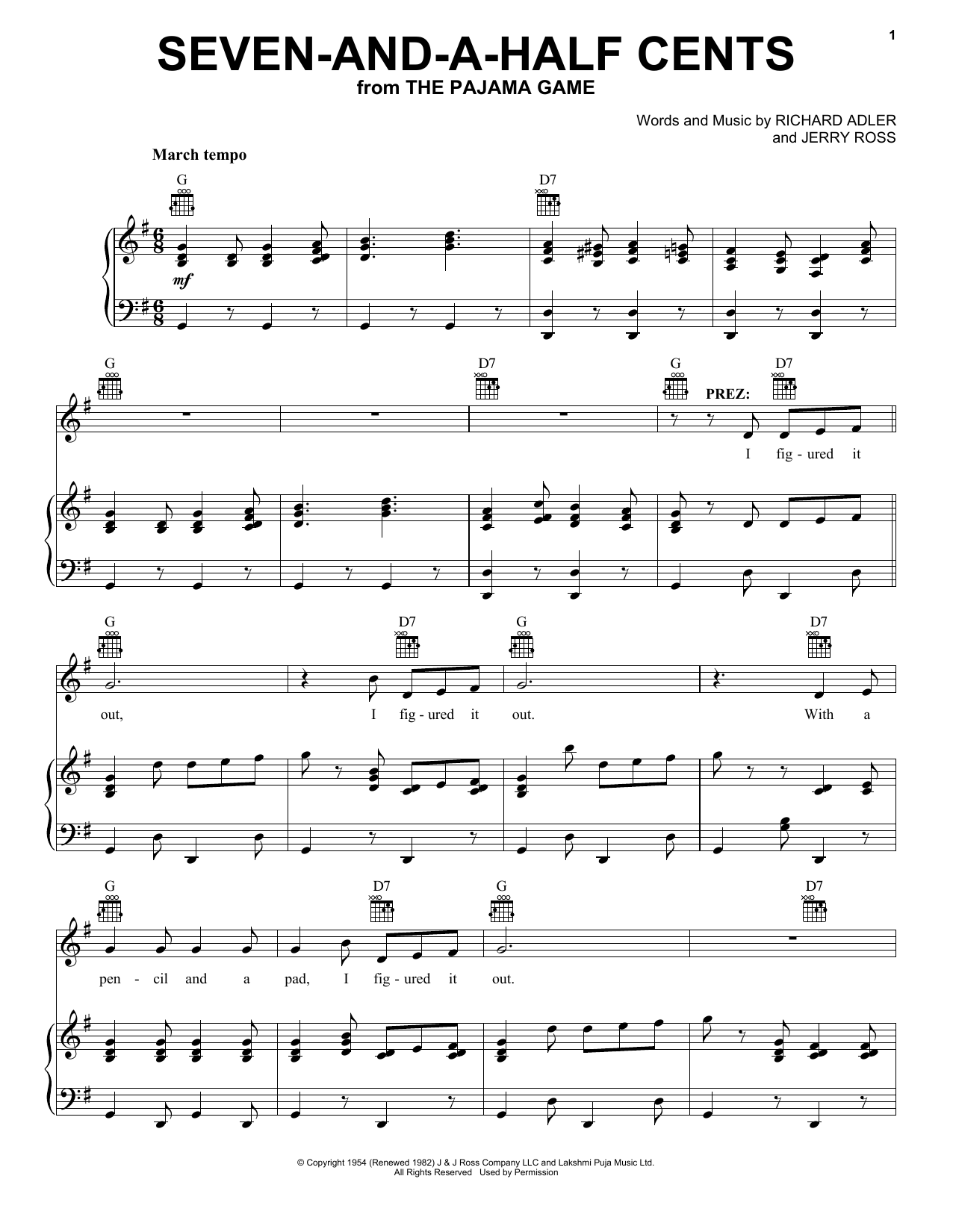 Download Adler & Ross Seven-And-A-Half Cents Sheet Music and learn how to play Piano, Vocal & Guitar (Right-Hand Melody) PDF digital score in minutes