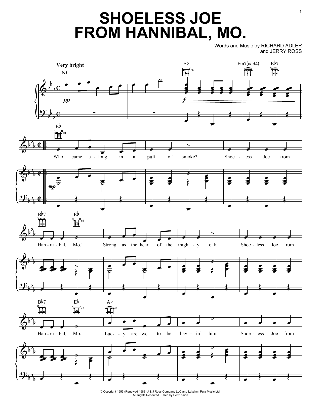 Download Adler & Ross Shoeless Joe From Hannibal, Mo. Sheet Music and learn how to play Piano, Vocal & Guitar (Right-Hand Melody) PDF digital score in minutes