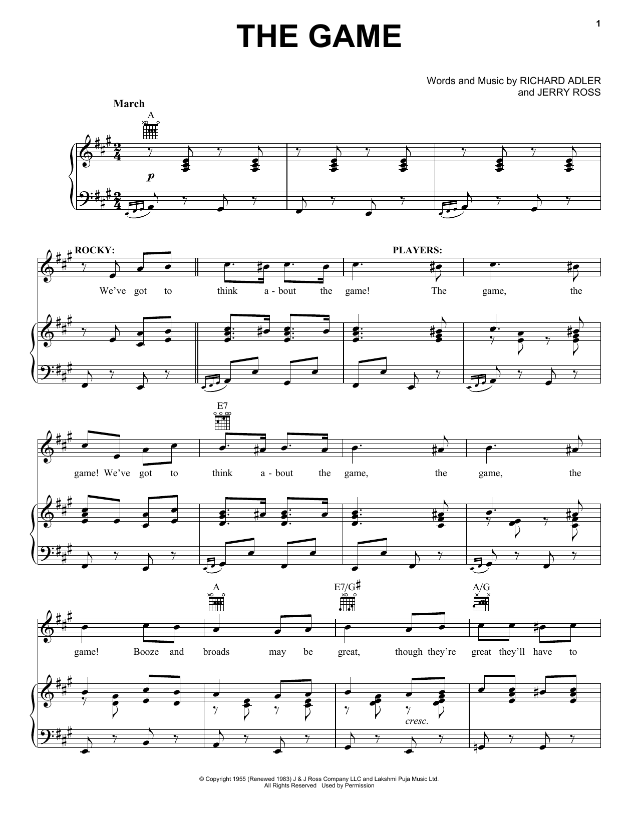 Download Adler & Ross The Game Sheet Music and learn how to play Piano, Vocal & Guitar (Right-Hand Melody) PDF digital score in minutes