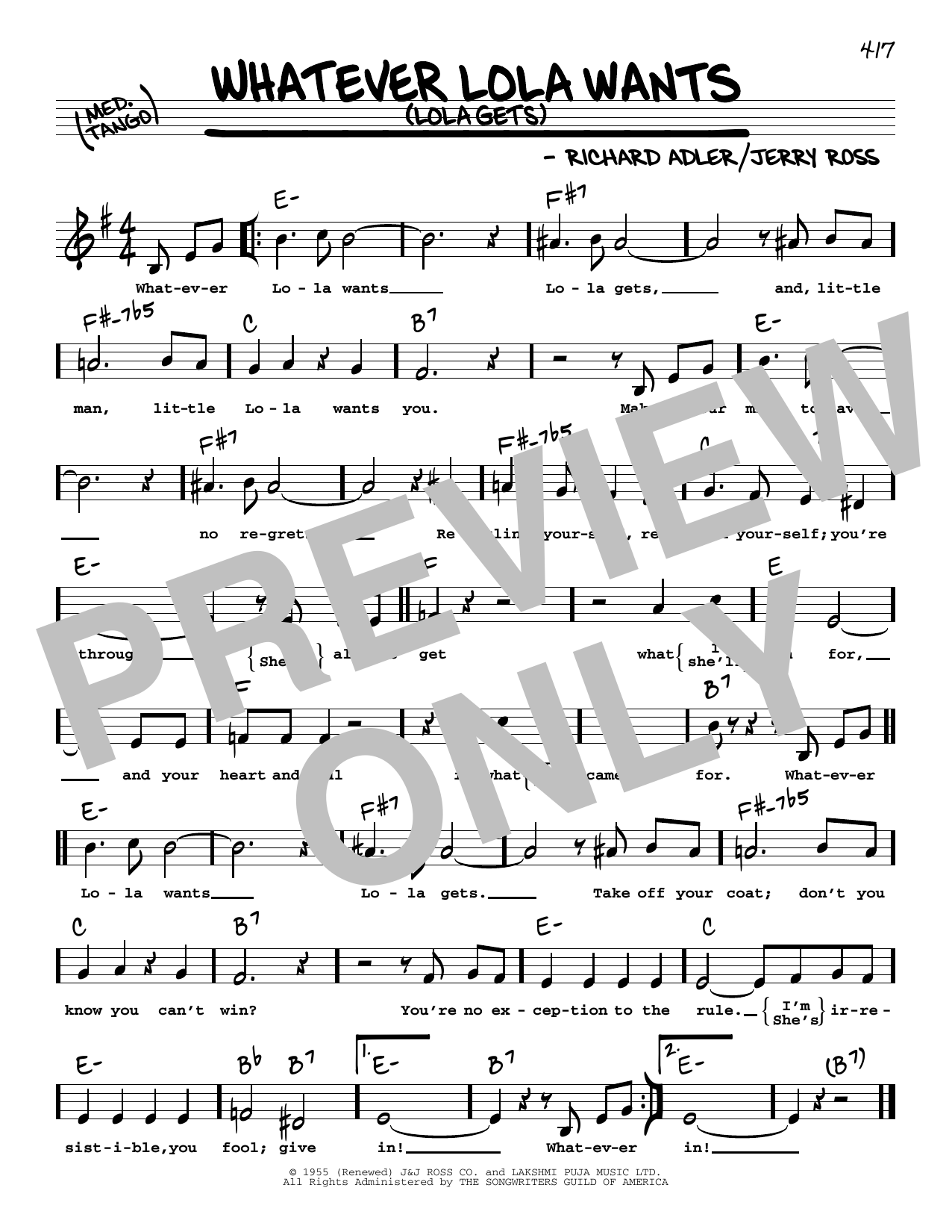Download Adler & Ross Whatever Lola Wants (Lola Gets) (High Voice) Sheet Music and learn how to play Real Book – Melody, Lyrics & Chords PDF digital score in minutes