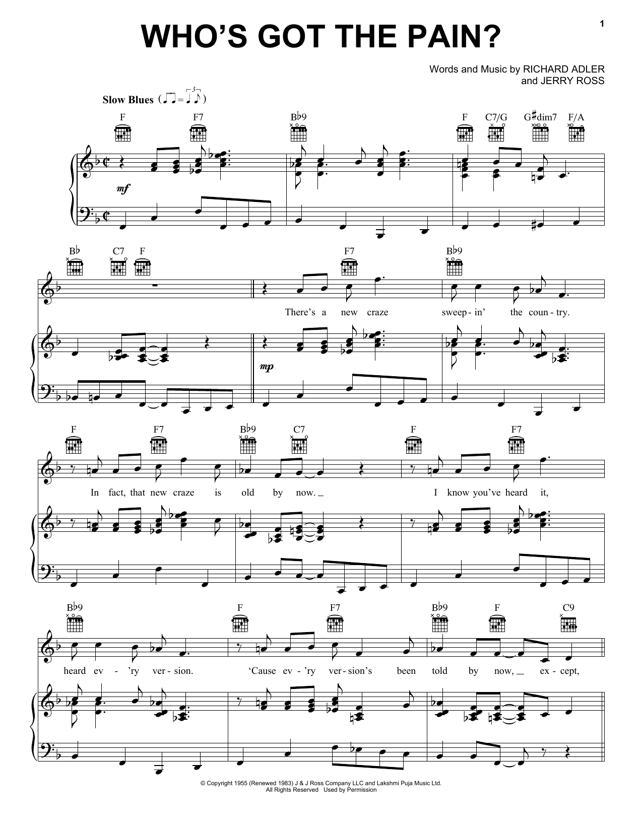 Download Adler & Ross Who's Got The Pain? Sheet Music and learn how to play Piano, Vocal & Guitar (Right-Hand Melody) PDF digital score in minutes