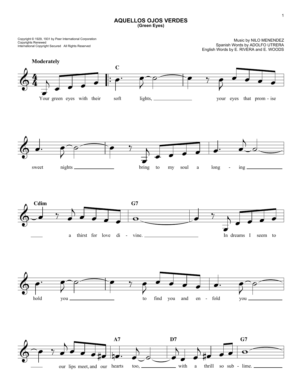 Download Adolfo Utrera Aquellos Ojos Verdes (Green Eyes) Sheet Music and learn how to play Melody Line, Lyrics & Chords PDF digital score in minutes