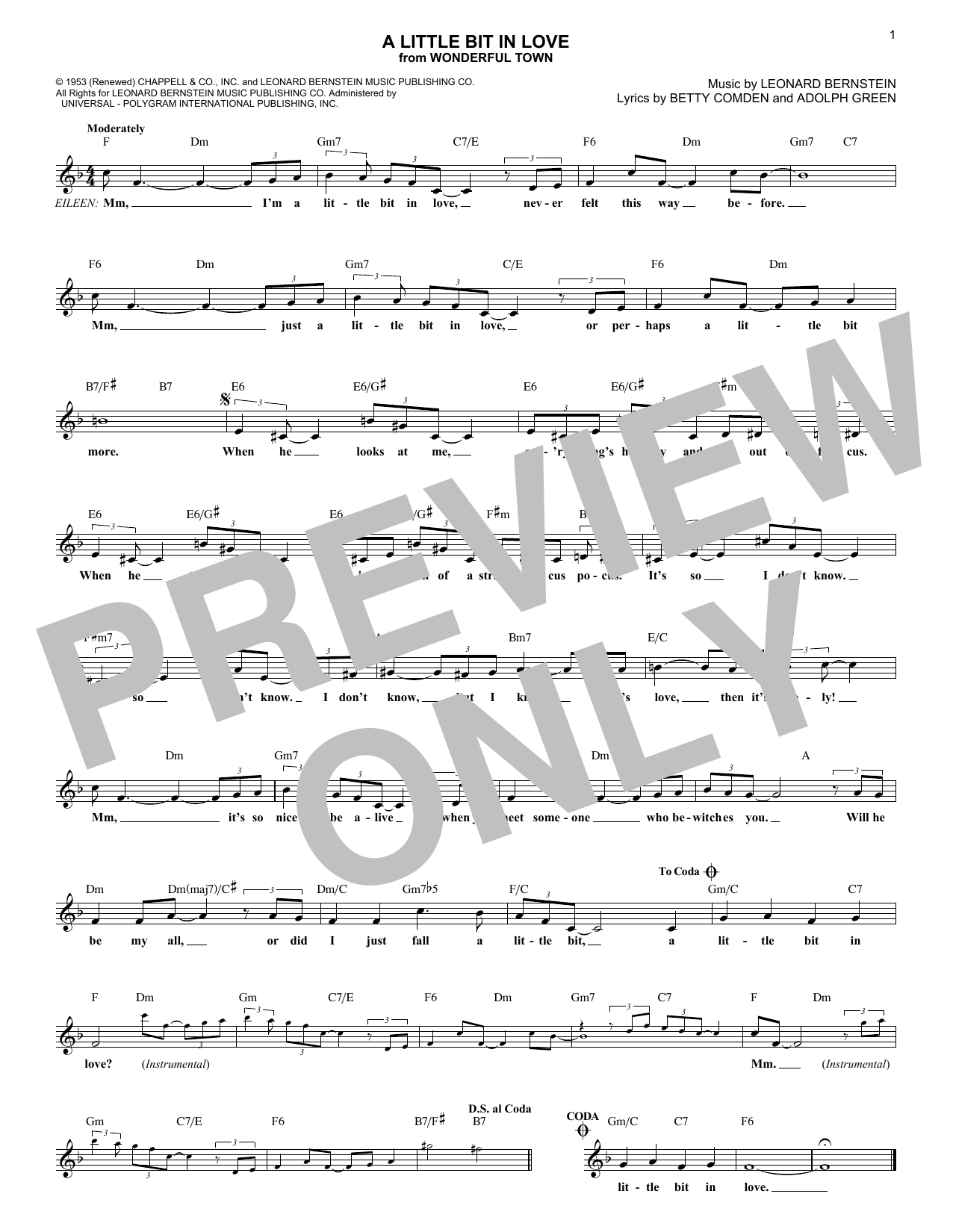 Download Adolph Green A Little Bit In Love Sheet Music and learn how to play Melody Line, Lyrics & Chords PDF digital score in minutes