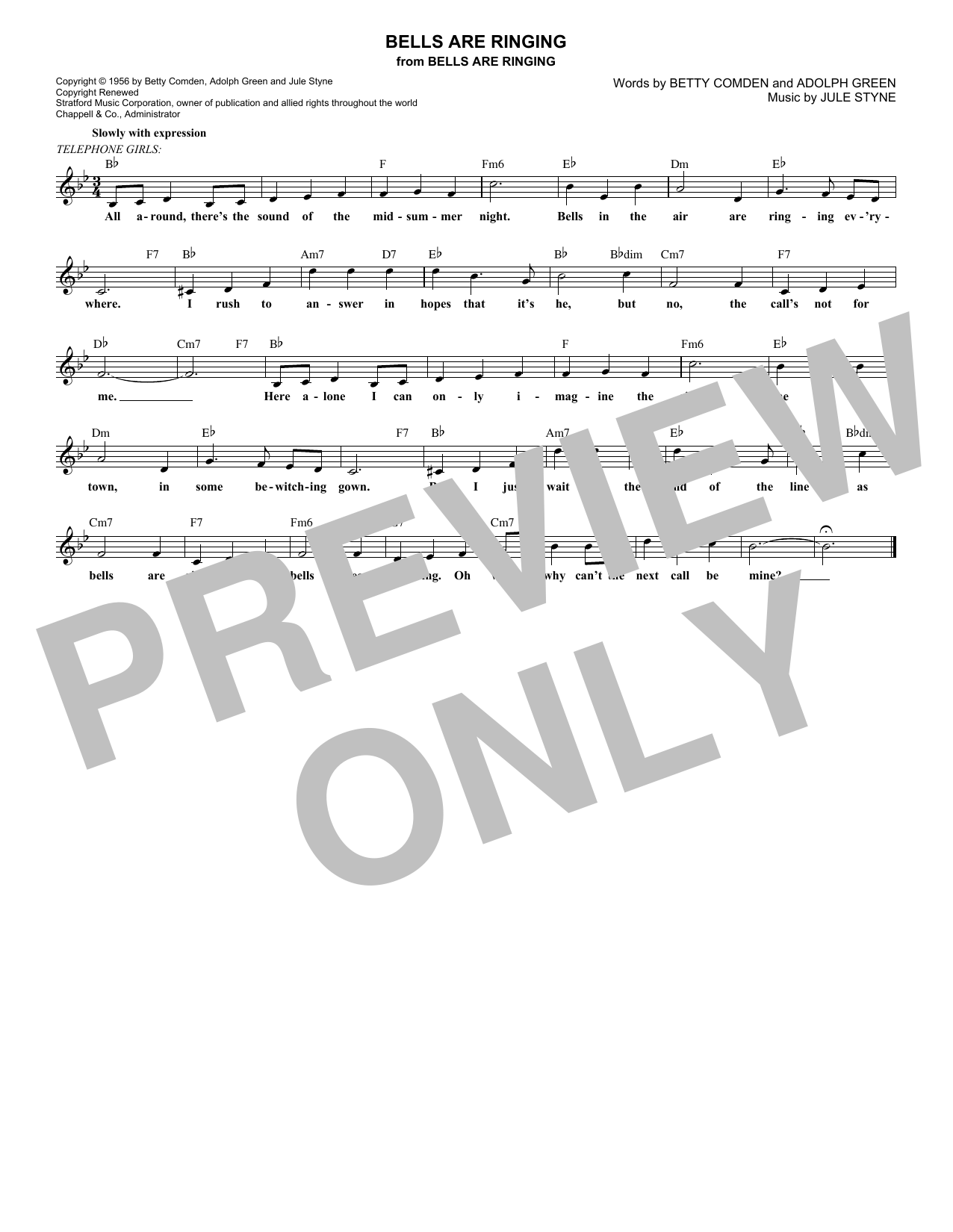 Download Adolph Green Bells Are Ringing Sheet Music and learn how to play Melody Line, Lyrics & Chords PDF digital score in minutes