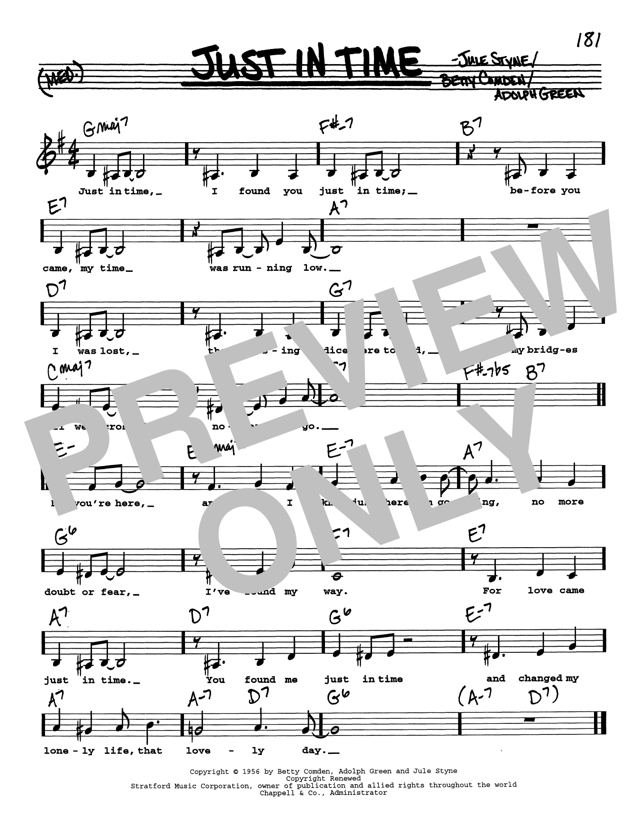 Download Adolph Green Just In Time (Low Voice) Sheet Music and learn how to play Real Book – Melody, Lyrics & Chords PDF digital score in minutes