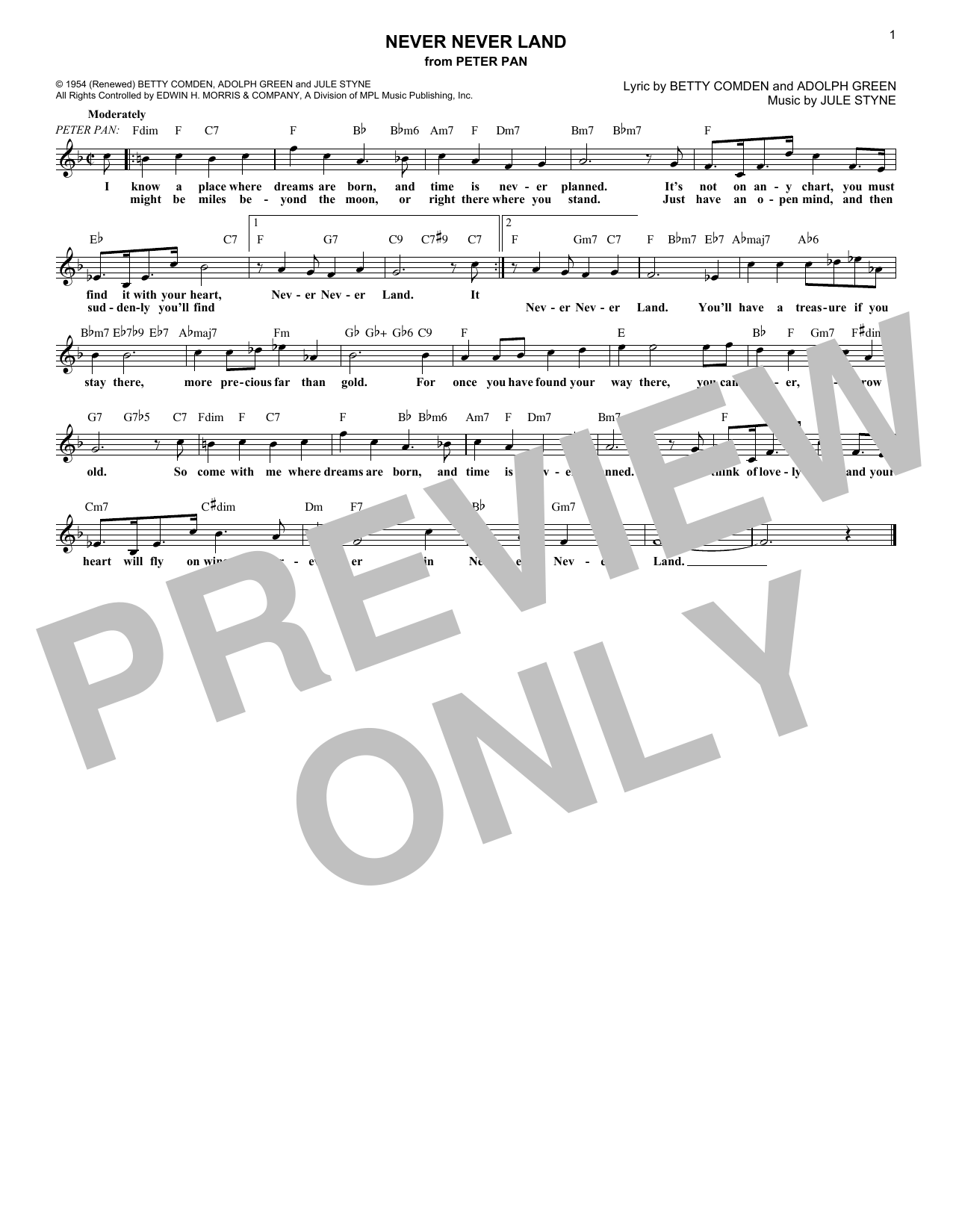 Download Adolph Green Never Never Land (from Peter Pan) Sheet Music and learn how to play Lead Sheet / Fake Book PDF digital score in minutes