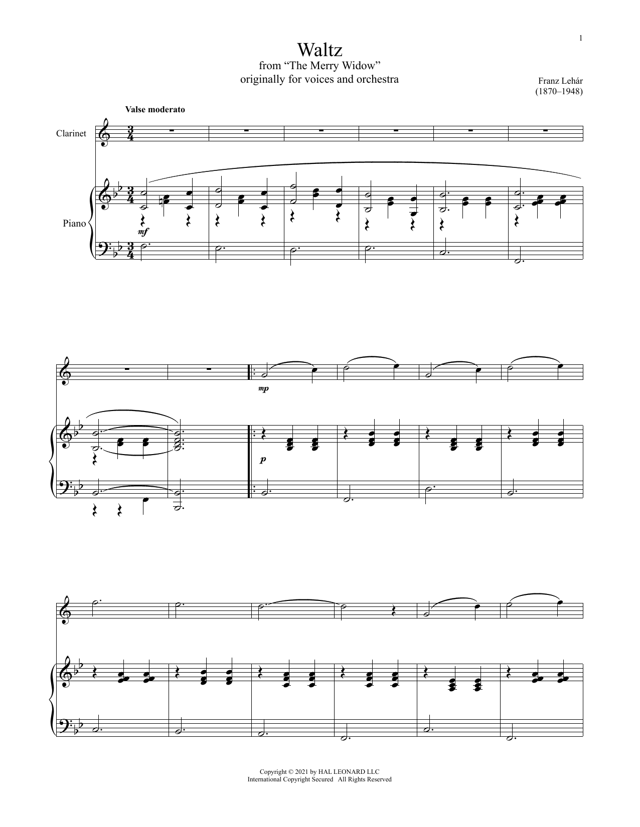 Download Adrian Ross The Merry Widow Waltz Sheet Music and learn how to play Clarinet and Piano PDF digital score in minutes