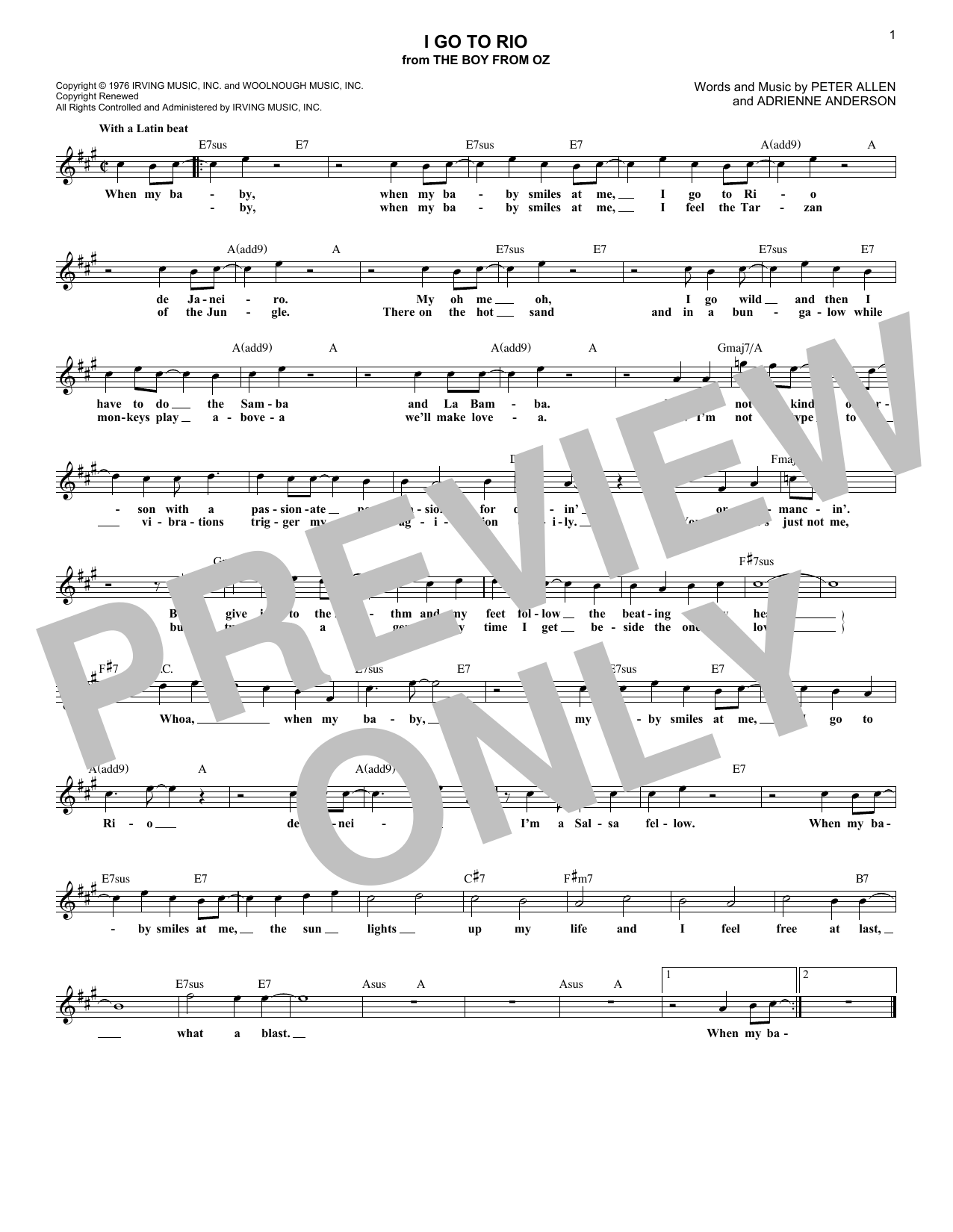 Download Adrienne Anderson I Go To Rio Sheet Music and learn how to play Melody Line, Lyrics & Chords PDF digital score in minutes
