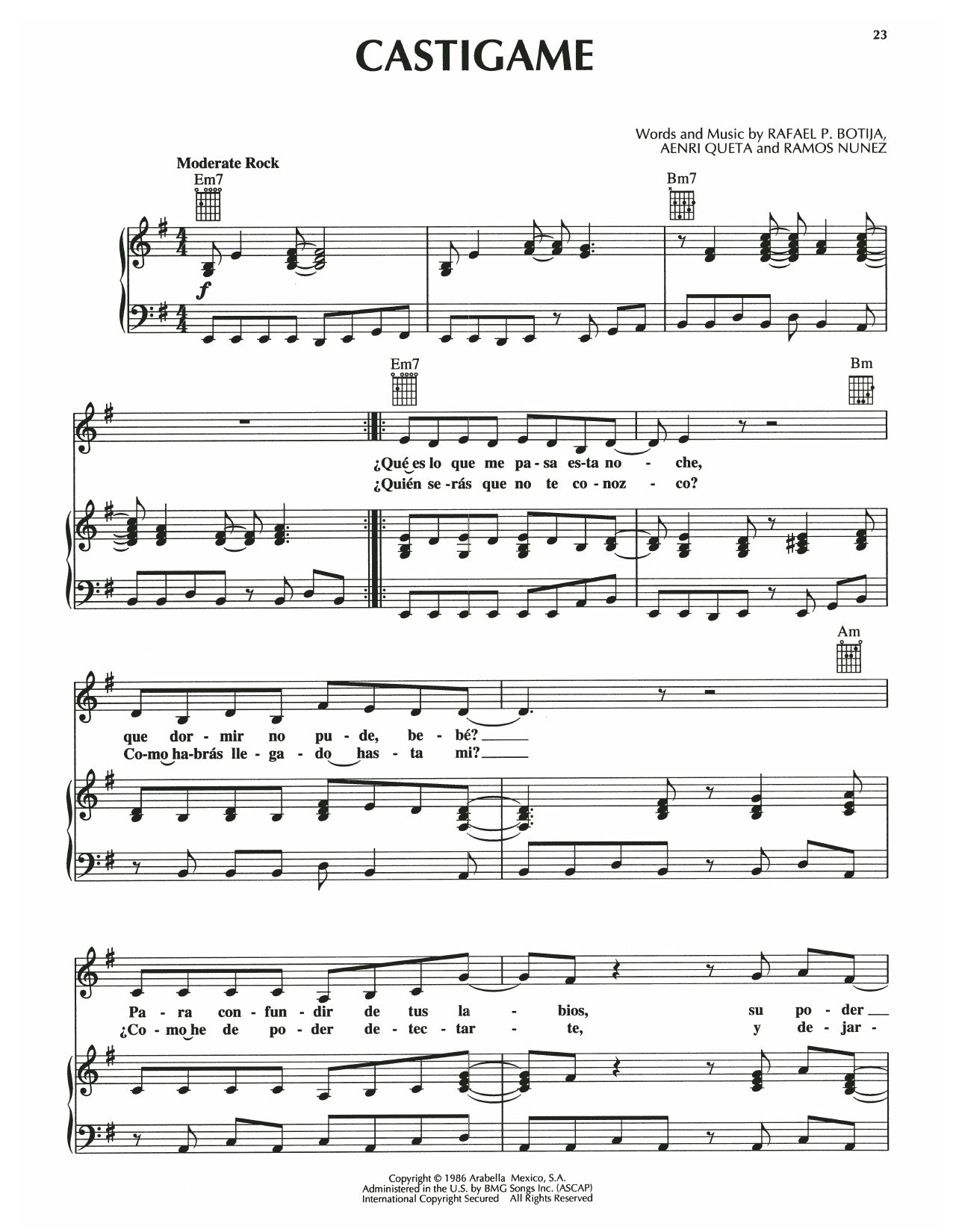 Download Aenri Queta Castigame Sheet Music and learn how to play Piano, Vocal & Guitar Chords (Right-Hand Melody) PDF digital score in minutes