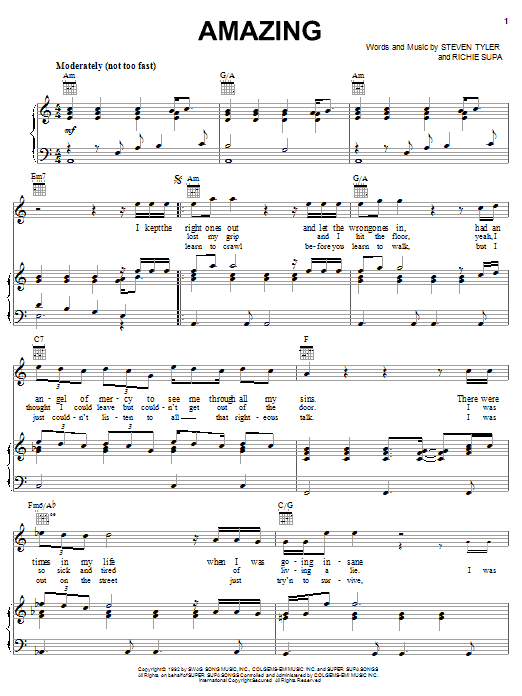 Download Aerosmith Amazing (It's Amazing) Sheet Music and learn how to play Piano, Vocal & Guitar (Right-Hand Melody) PDF digital score in minutes