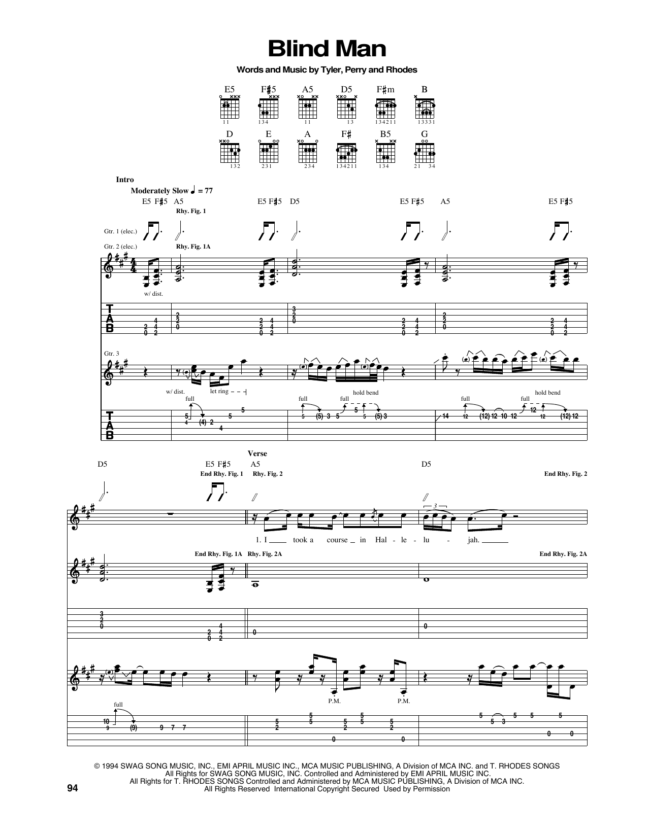 Download Aerosmith Blind Man Sheet Music and learn how to play Piano, Vocal & Guitar Chords (Right-Hand Melody) PDF digital score in minutes