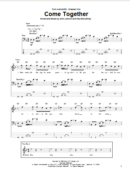 Download Aerosmith Come Together Sheet Music and learn how to play Bass Guitar Tab PDF digital score in minutes