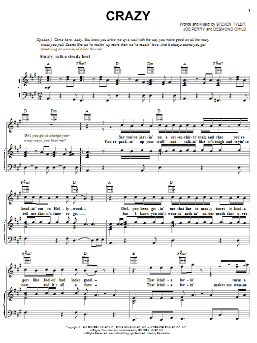 Download Aerosmith Crazy Sheet Music and learn how to play Piano, Vocal & Guitar (Right-Hand Melody) PDF digital score in minutes