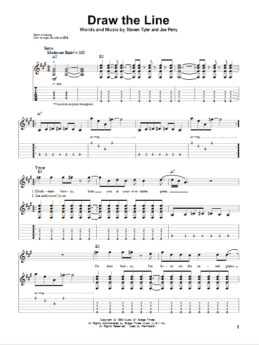 Download Aerosmith Draw The Line Sheet Music and learn how to play Guitar Tab PDF digital score in minutes