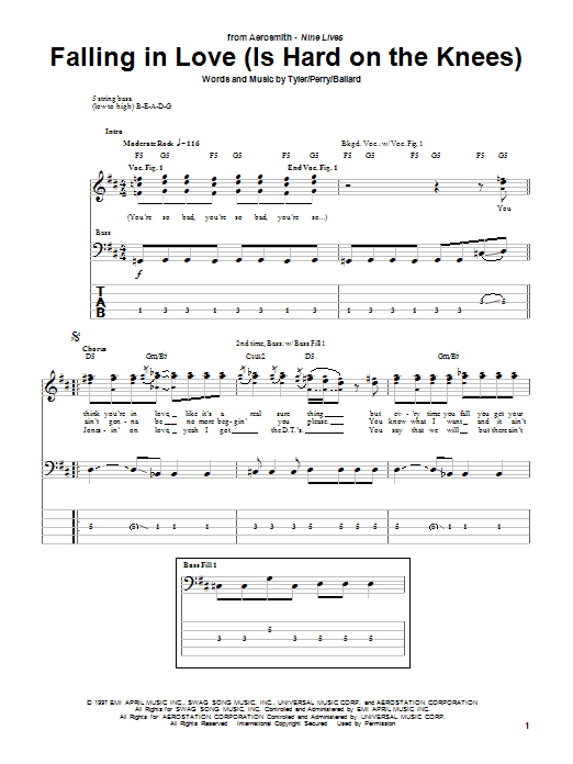 Download Aerosmith Falling In Love (Is Hard On The Knees) Sheet Music and learn how to play Bass Guitar Tab PDF digital score in minutes