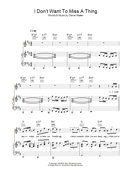 Download Aerosmith I Don't Want To Miss A Thing Sheet Music and learn how to play Beginner Piano PDF digital score in minutes