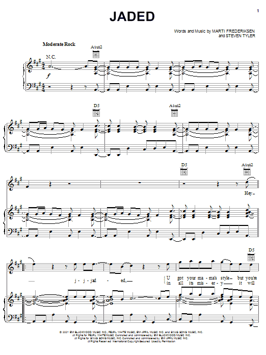 Download Aerosmith Jaded Sheet Music and learn how to play Piano, Vocal & Guitar (Right-Hand Melody) PDF digital score in minutes