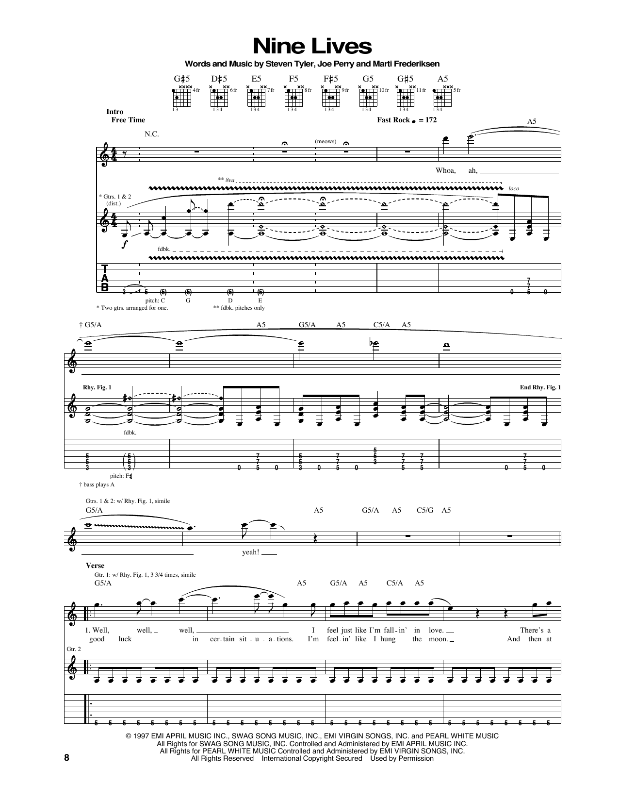 Download Aerosmith Nine Lives Sheet Music and learn how to play Guitar Tab PDF digital score in minutes