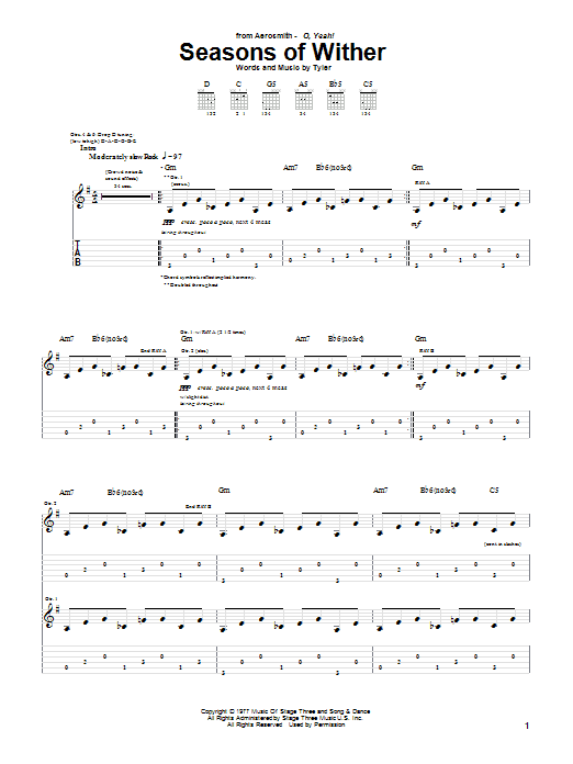 Download Aerosmith Seasons Of Wither Sheet Music and learn how to play Guitar Tab PDF digital score in minutes