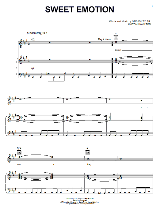 Download Aerosmith Sweet Emotion Sheet Music and learn how to play Piano, Vocal & Guitar (Right-Hand Melody) PDF digital score in minutes