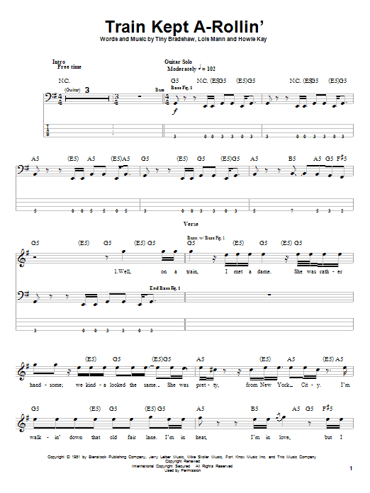 Download Aerosmith Train Kept A-Rollin' Sheet Music and learn how to play Bass Guitar Tab PDF digital score in minutes