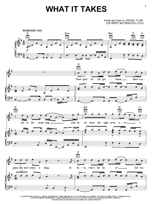 Download Aerosmith What It Takes Sheet Music and learn how to play Piano, Vocal & Guitar (Right-Hand Melody) PDF digital score in minutes