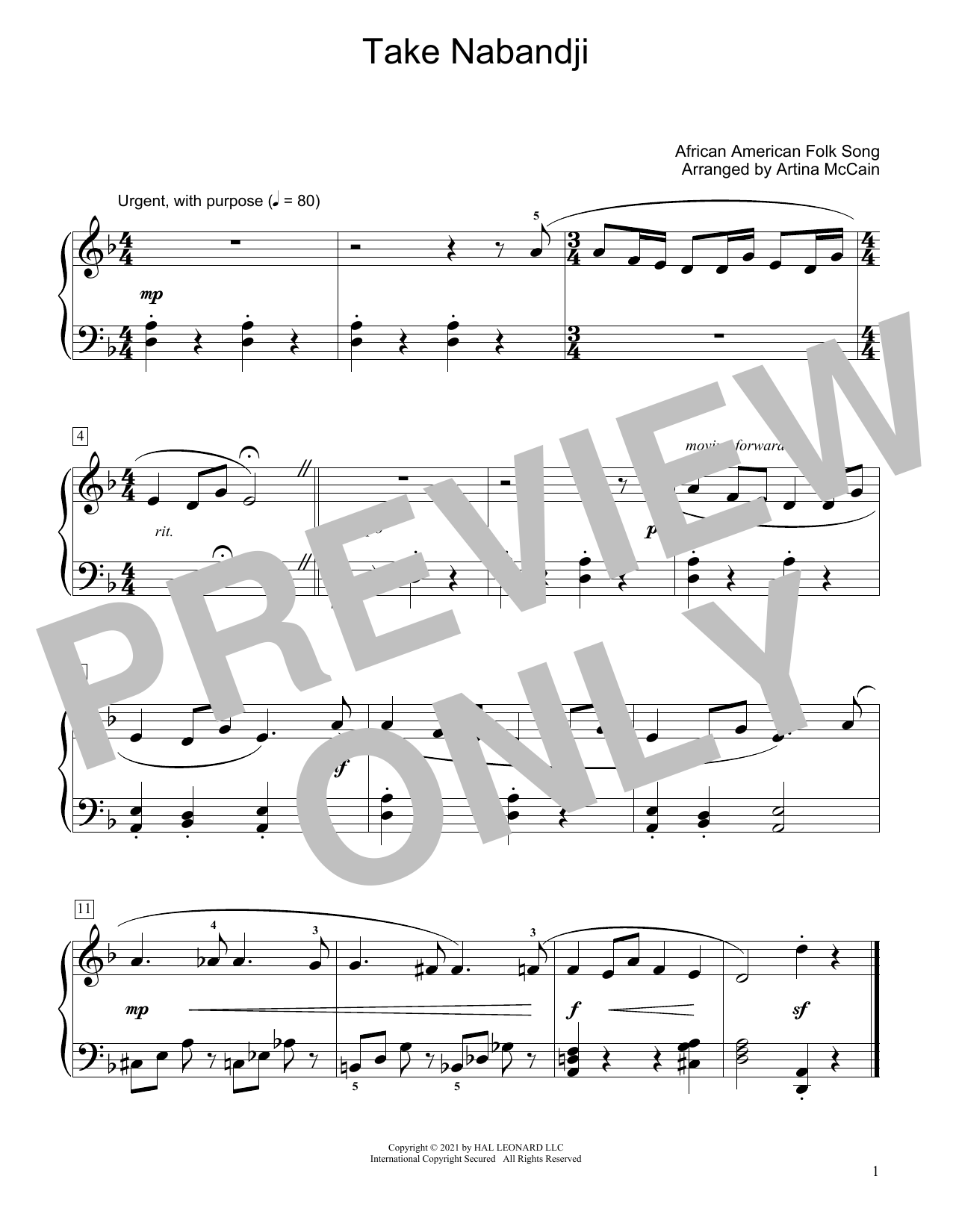 Download African American Folk Song Take Nabandji (arr. Artina McCain) Sheet Music and learn how to play Educational Piano PDF digital score in minutes