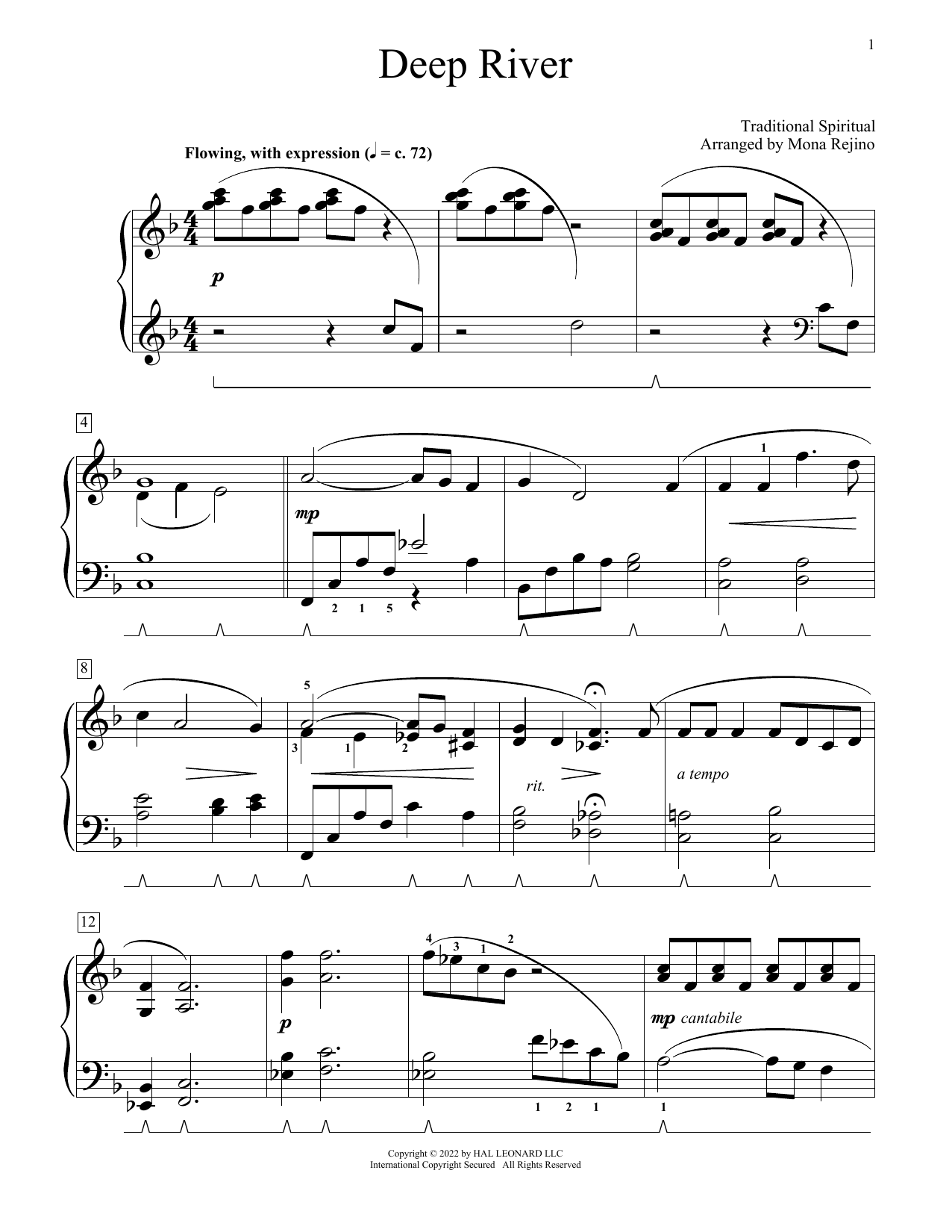 Download African-American Spiritual Deep River (arr. Mona Rejino) Sheet Music and learn how to play Educational Piano PDF digital score in minutes