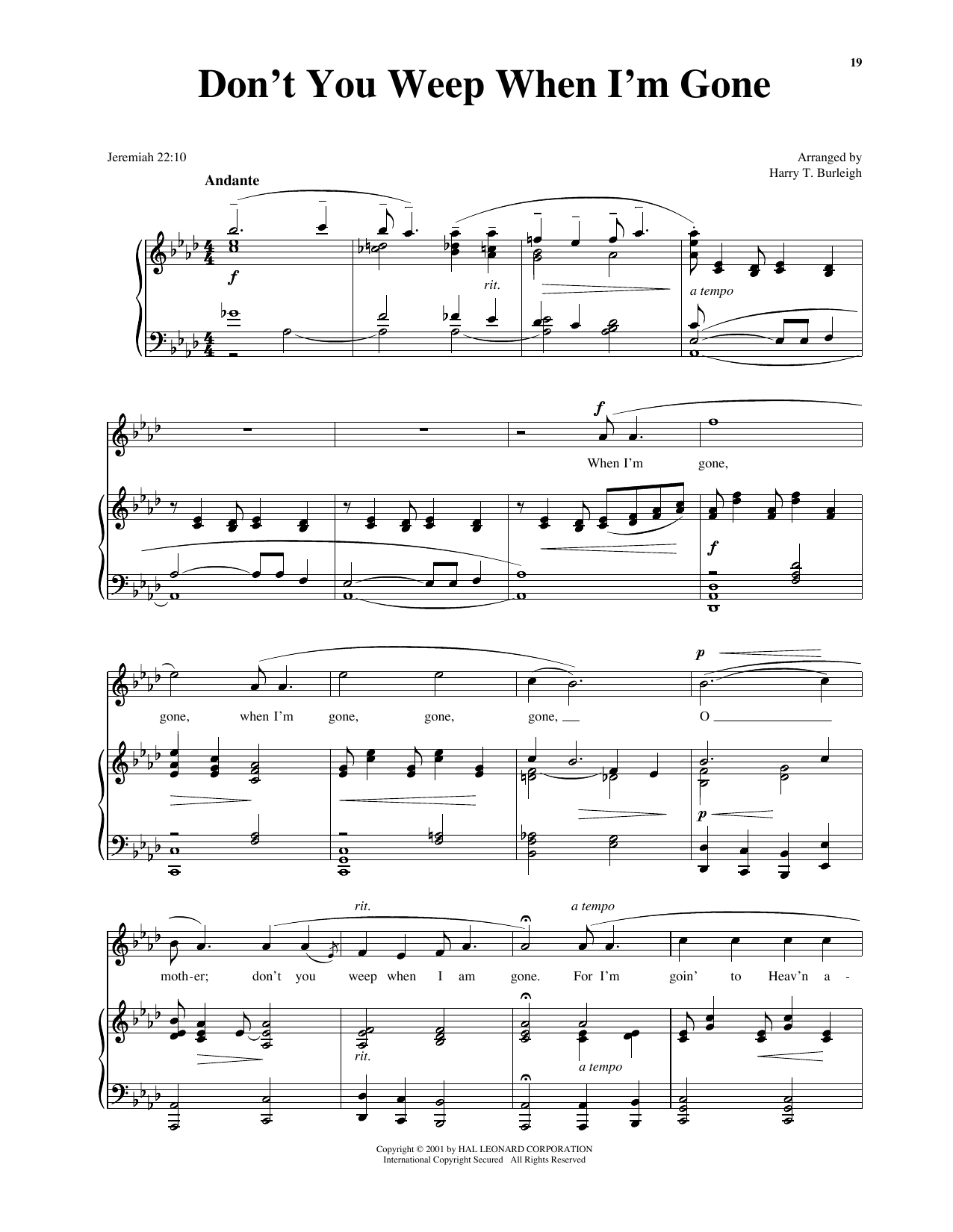 Download African American Spiritual Don't You Weep When I'm Gone Sheet Music and learn how to play Piano & Vocal PDF digital score in minutes