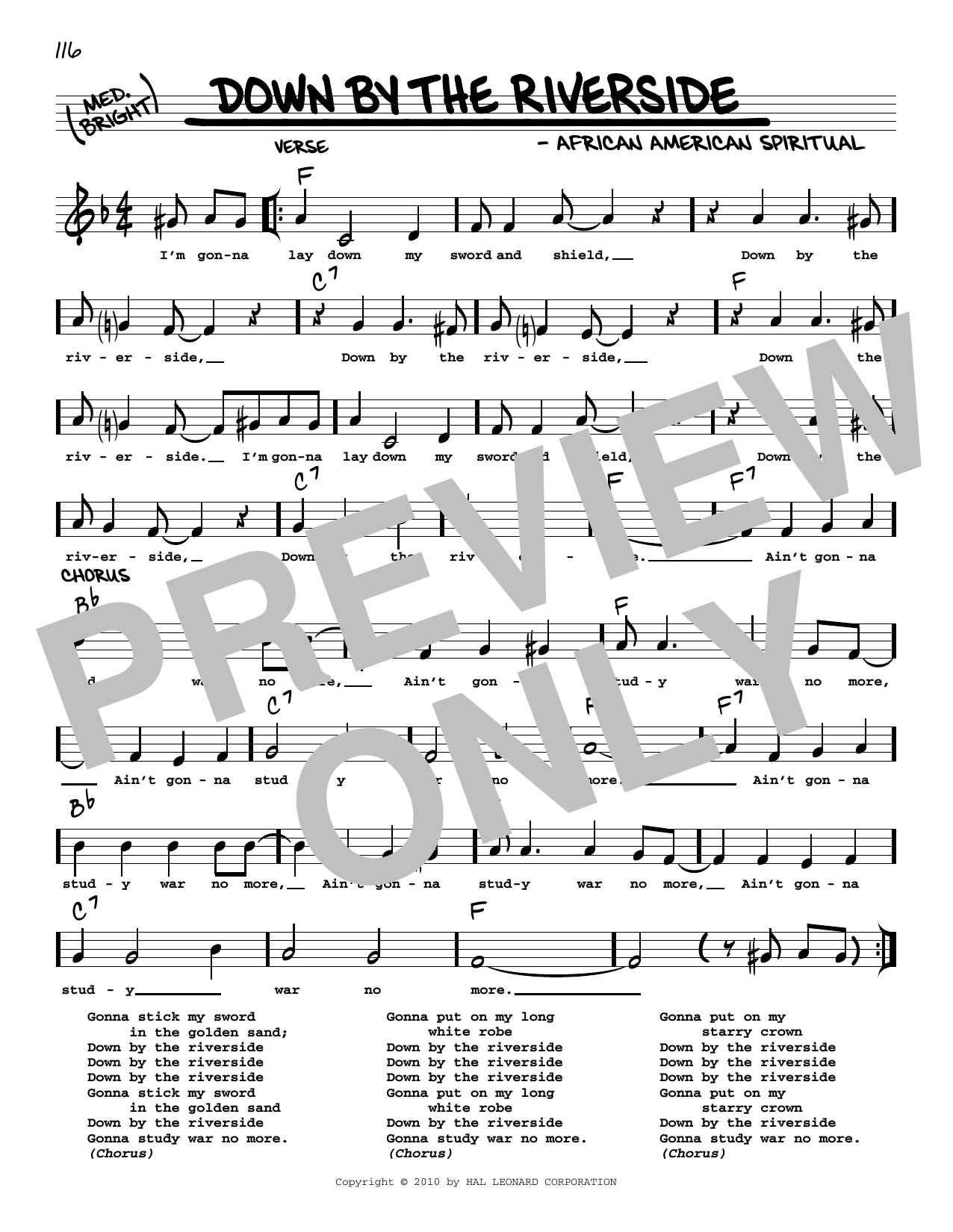 Download African American Spiritual Down By The Riverside (arr. Robert Rawlins) Sheet Music and learn how to play Real Book – Melody, Lyrics & Chords PDF digital score in minutes