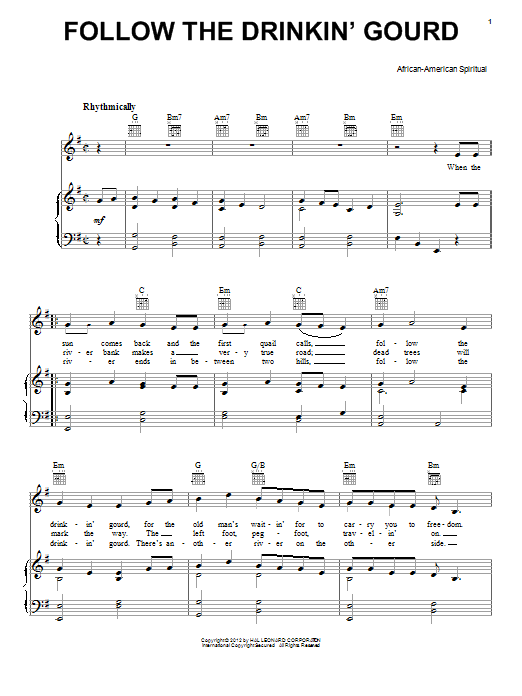 Download African-American Spiritual Follow The Drinkin' Gourd Sheet Music and learn how to play Piano, Vocal & Guitar (Right-Hand Melody) PDF digital score in minutes