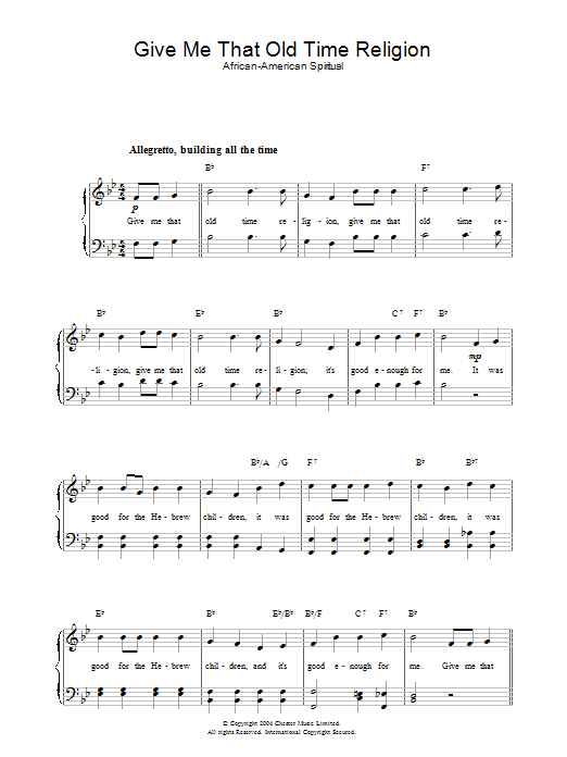 Download African-American Spiritual Give Me That Old Time Religion Sheet Music and learn how to play Lyrics & Chords PDF digital score in minutes