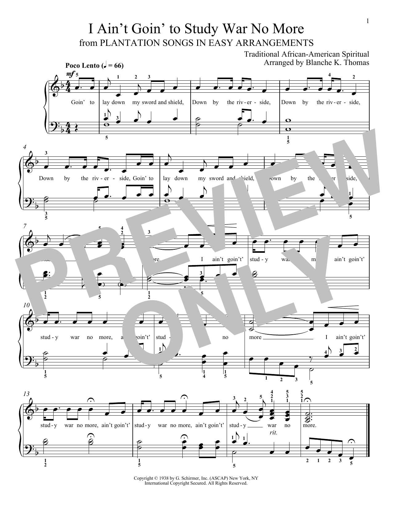 Download African-American Spiritual I Ain't Goin' To Study War No More Sheet Music and learn how to play Piano Solo PDF digital score in minutes