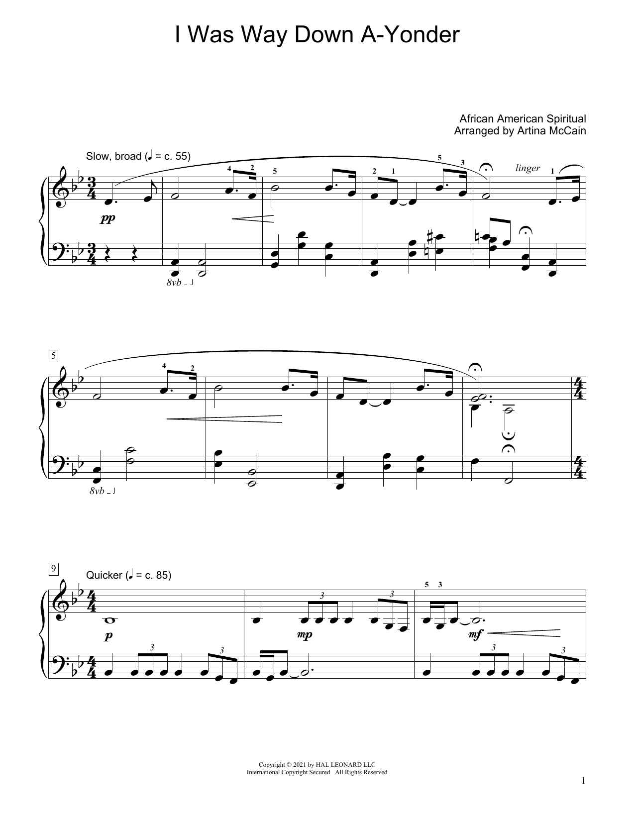 Download African American Spiritual I Was Way Down A-Yonder (arr. Artina McCain) Sheet Music and learn how to play Educational Piano PDF digital score in minutes