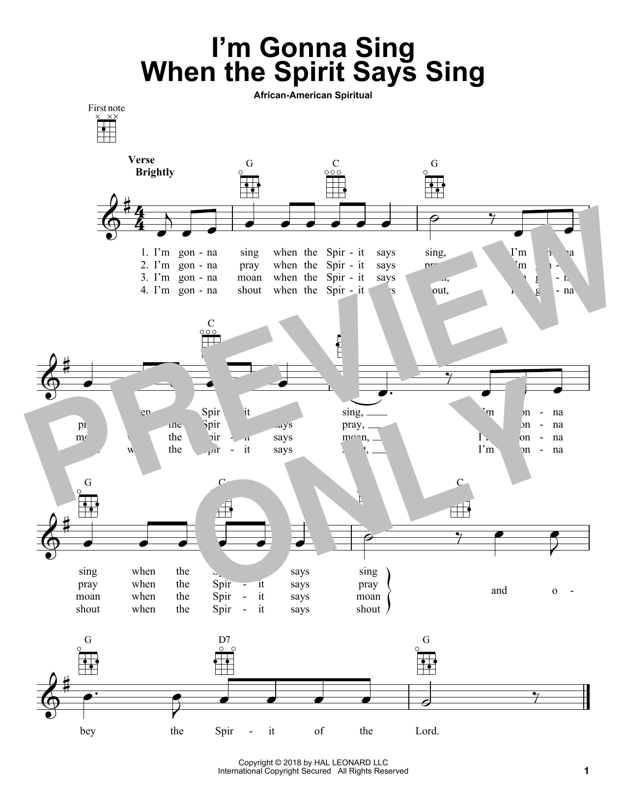 Download African-American Spiritual I'm Gonna Sing When The Spirit Says Sing Sheet Music and learn how to play Ukulele PDF digital score in minutes