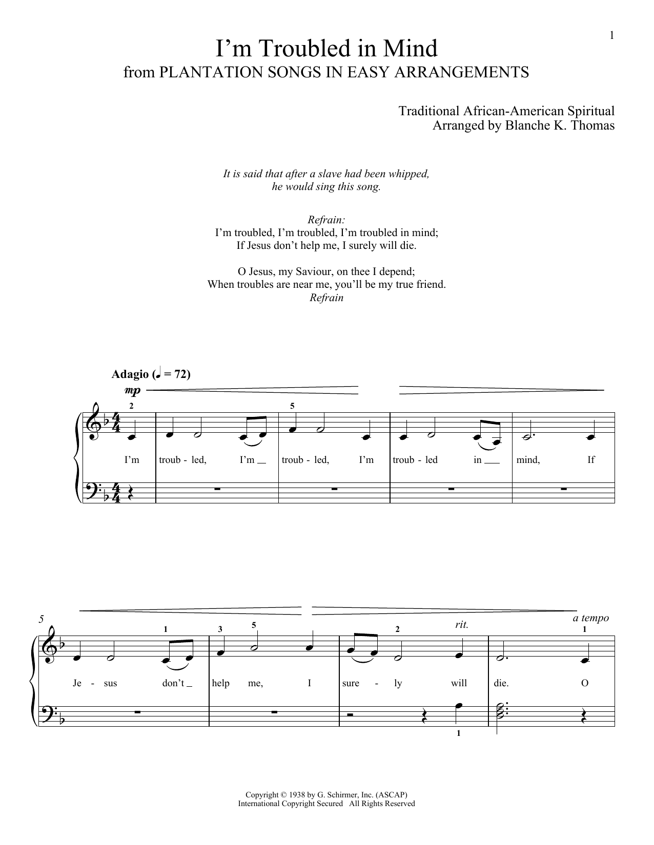Download African-American Spiritual I'm Troubled In Mind Sheet Music and learn how to play Piano Solo PDF digital score in minutes