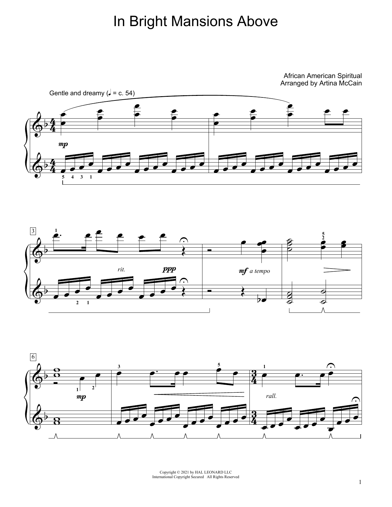 Download African-American Spiritual In Bright Mansions Above (arr. Artina McCain) Sheet Music and learn how to play Educational Piano PDF digital score in minutes