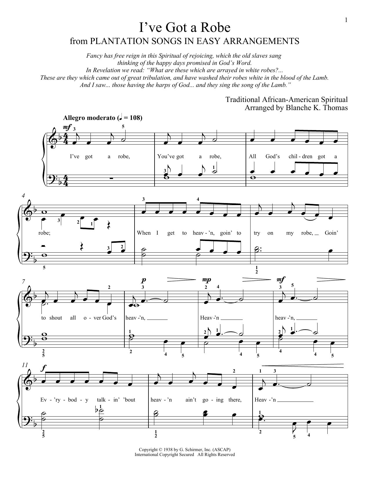Download African-American Spiritual I've Got A Robe Sheet Music and learn how to play Piano Solo PDF digital score in minutes