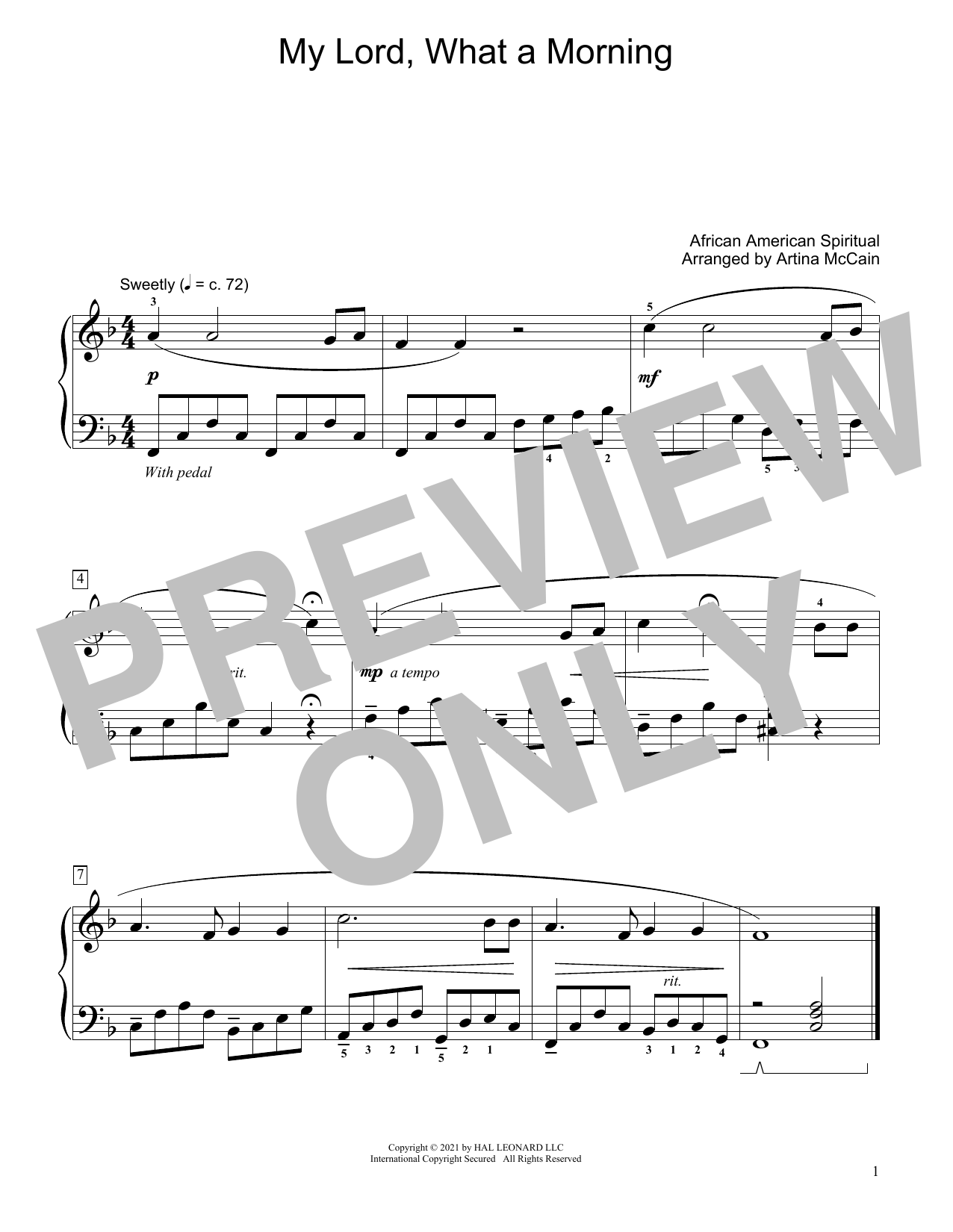 Download African-American Spiritual My Lord, What A Morning (arr. Artina McCain) Sheet Music and learn how to play Educational Piano PDF digital score in minutes