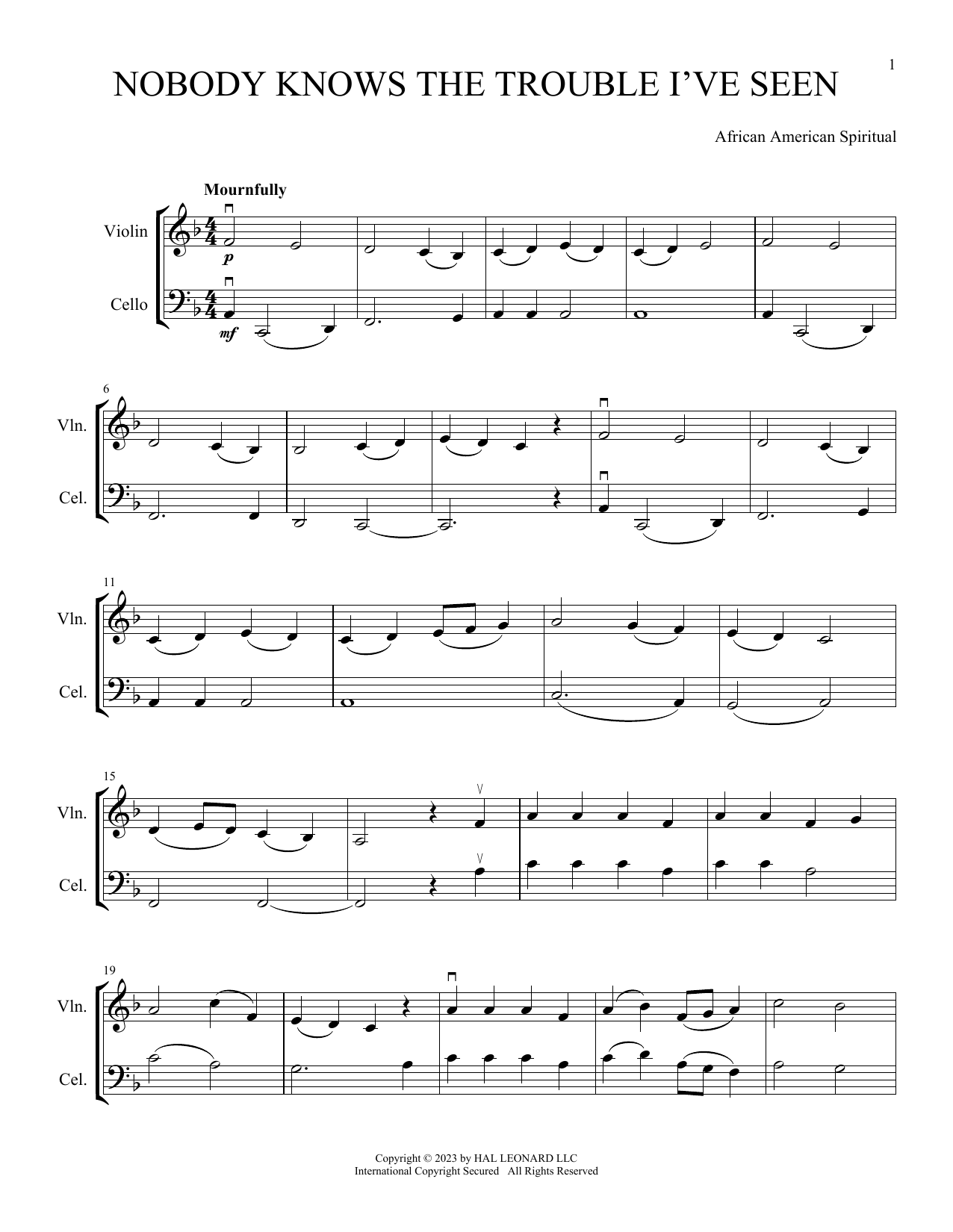 Download African American Spiritual Nobody Knows The Trouble I've Seen (arr. Michelle Hynson) Sheet Music and learn how to play Instrumental Duet PDF digital score in minutes