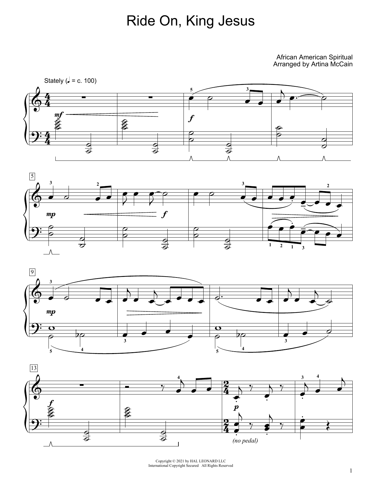 Download African-American Spiritual Ride On, King Jesus (arr. Artina McCain) Sheet Music and learn how to play Educational Piano PDF digital score in minutes