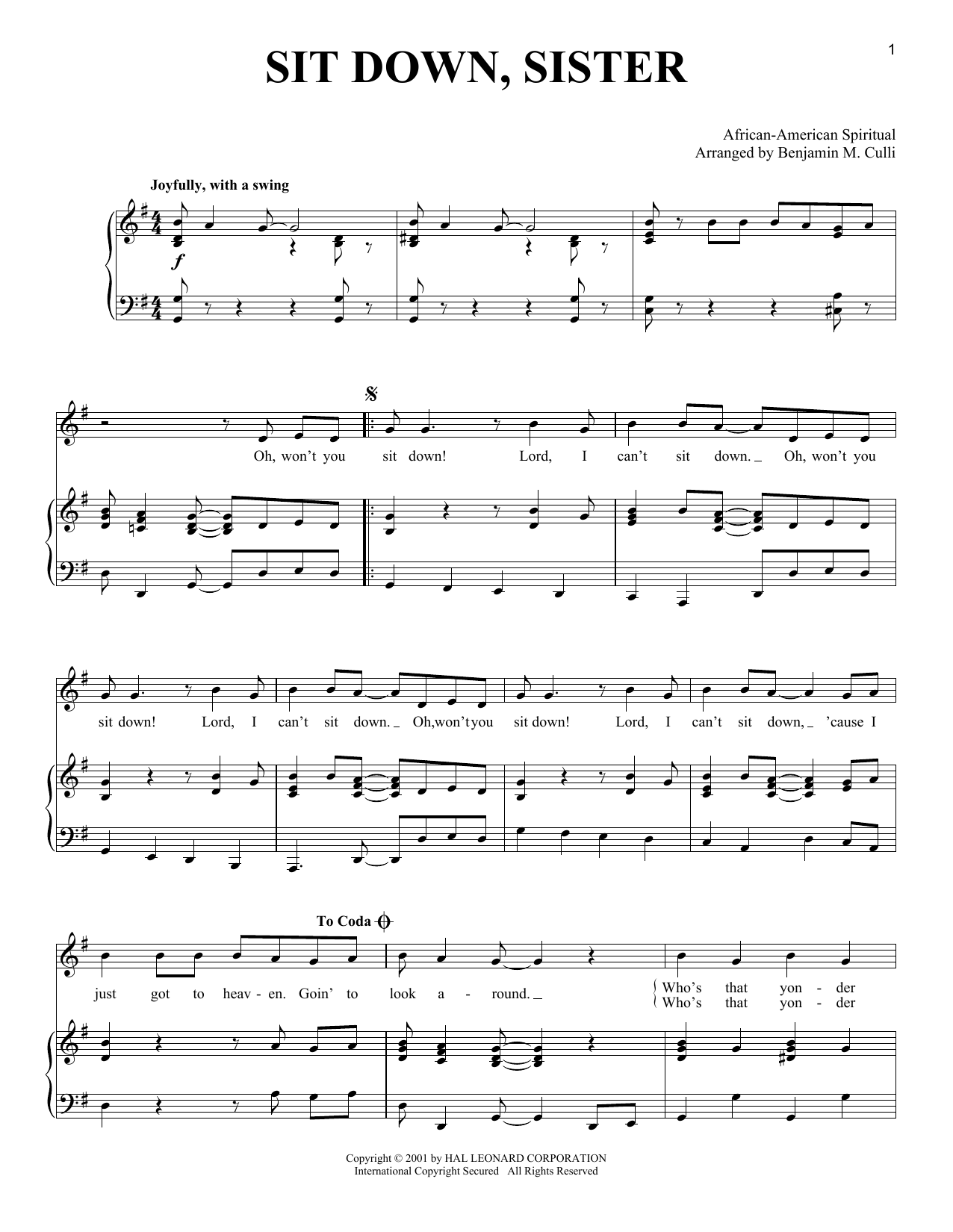 Download African-American Spiritual Sit Down, Sister Sheet Music and learn how to play Piano & Vocal PDF digital score in minutes