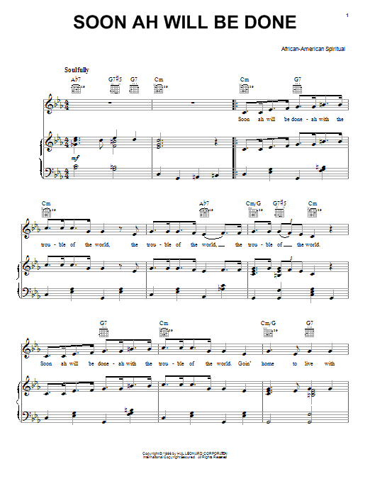 Download African-American Spiritual Soon Ah Will Be Done Sheet Music and learn how to play Piano, Vocal & Guitar (Right-Hand Melody) PDF digital score in minutes