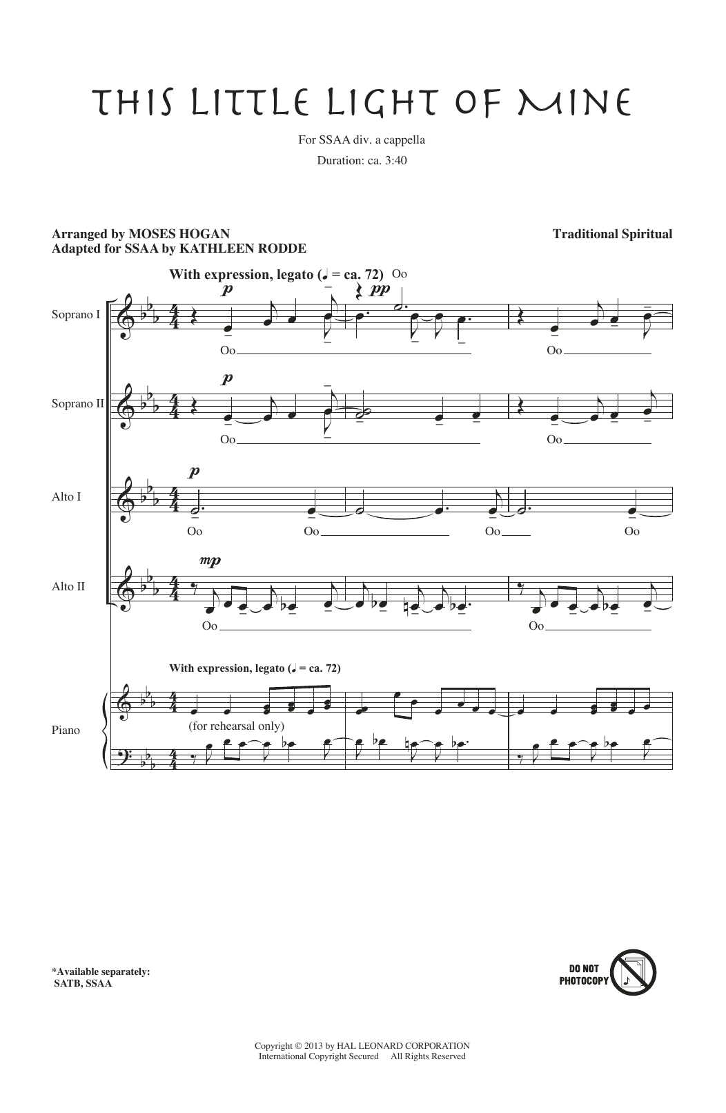 Download African-American Spiritual This Little Light Of Mine (arr. Moses Hogan) Sheet Music and learn how to play SSA PDF digital score in minutes