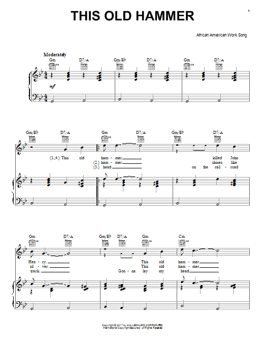 Download African-American Work Song This Old Hammer Sheet Music and learn how to play Piano, Vocal & Guitar (Right-Hand Melody) PDF digital score in minutes