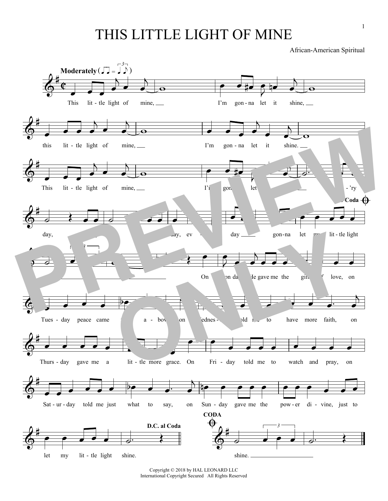 African American Spiritual This Little Light Of Mine Sheet Music 