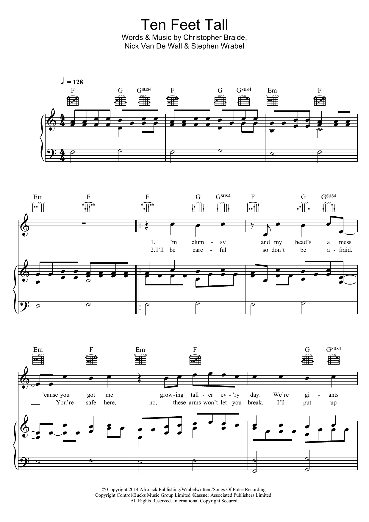 Download Afrojack Ten Feet Tall Sheet Music and learn how to play Piano, Vocal & Guitar (Right-Hand Melody) PDF digital score in minutes