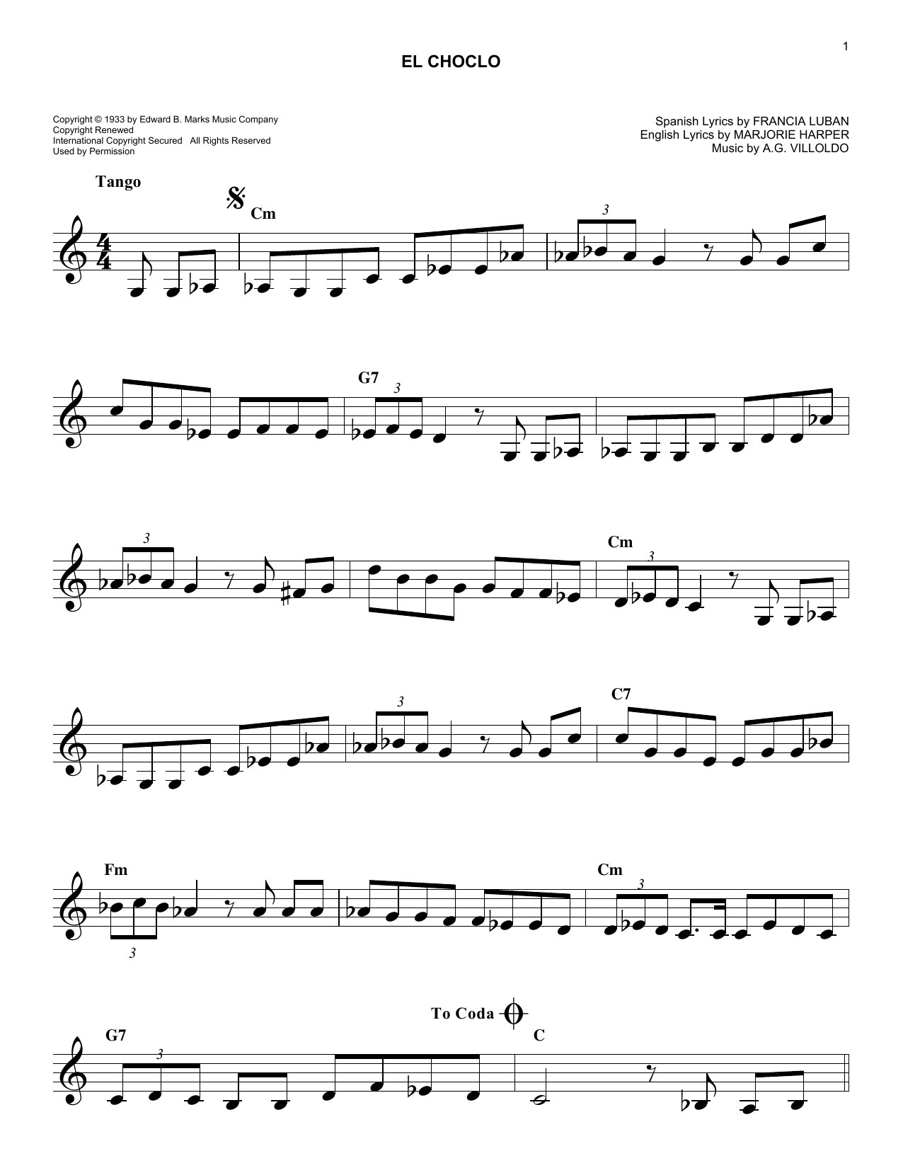 Download A.G. Villoldo El Choclo Sheet Music and learn how to play Melody Line, Lyrics & Chords PDF digital score in minutes